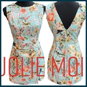 Jolie Moi Aqua Blue Floral/Bird Pattern Sleeveless Mini Dress (US S/EU 38)